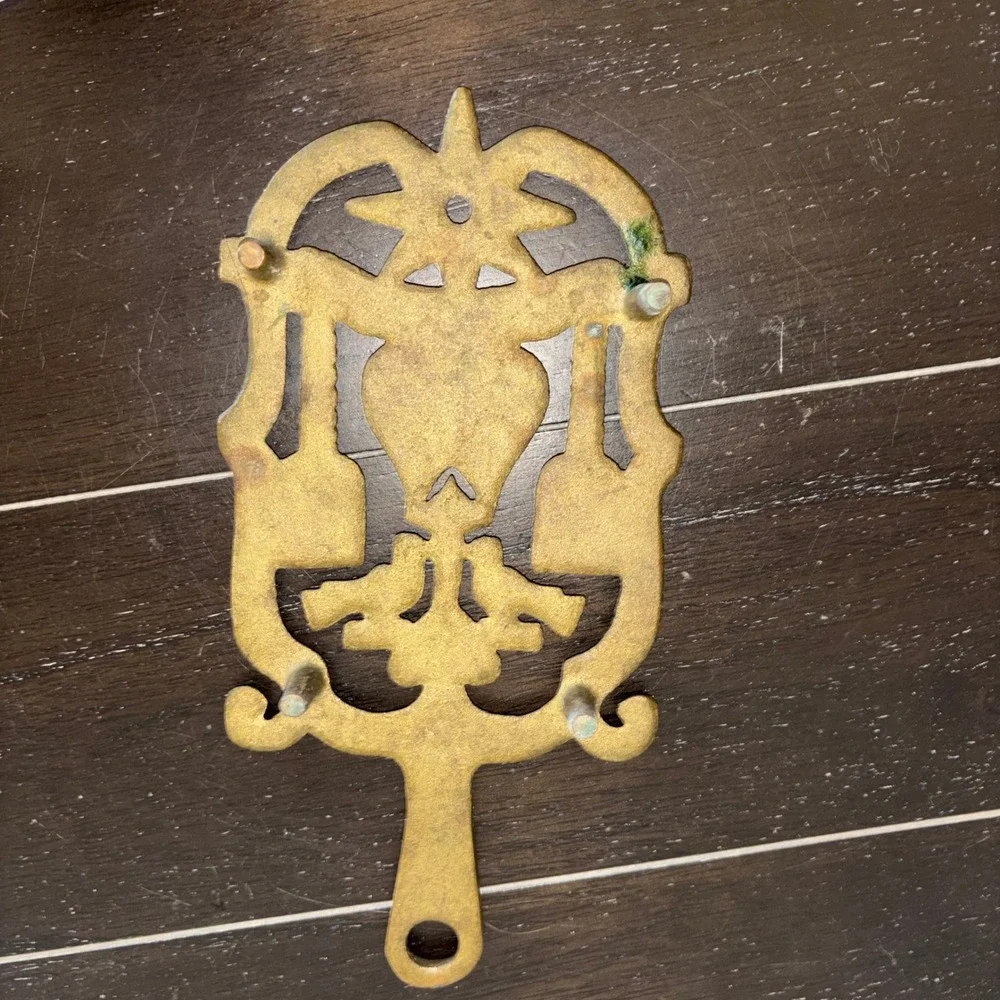 Vintage Brass Trivet | Hearth Stand | Pot Holder | Heart Birds‎ Sun Symbol
